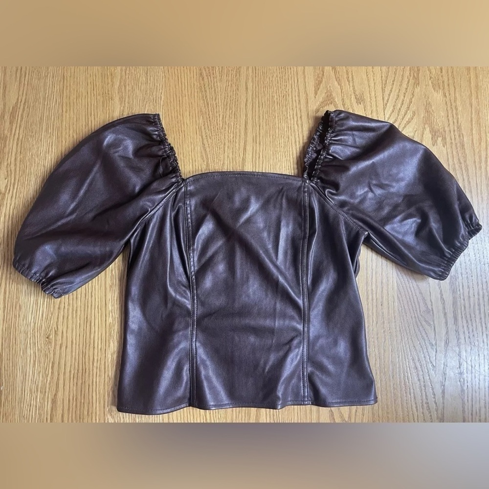 ANDREW MARC MARC NEW YORK Brown Faux Leather Puff Sleeve Top Size Small